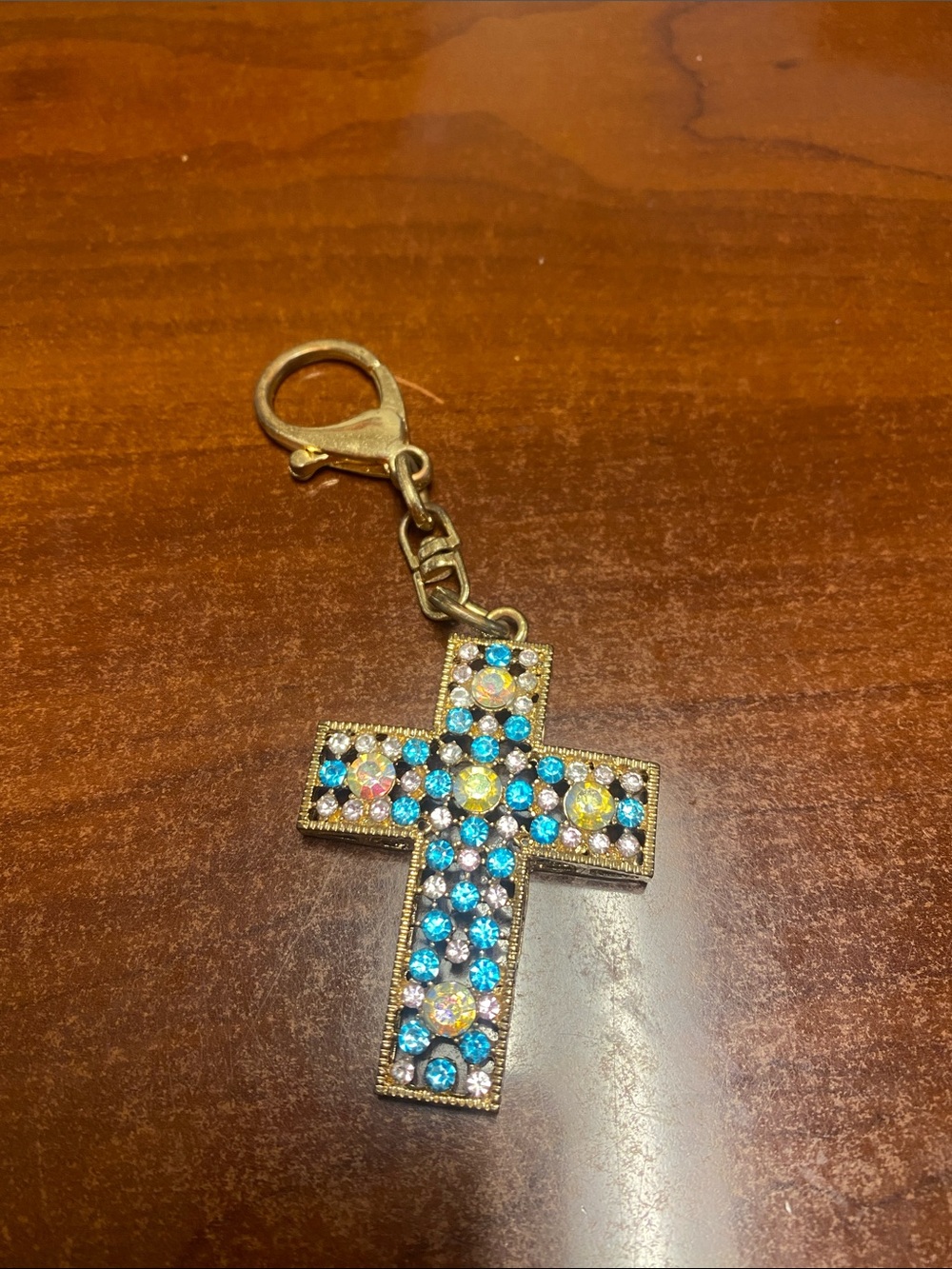Gold-Tone Cross Keychain with Blue and Yellow Crystals